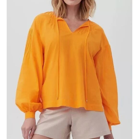 Trina Turk Tops - Trina Turk Cape Coral Split V Tie Neck Top Cotton Blouse XS, Orange | NEW $248